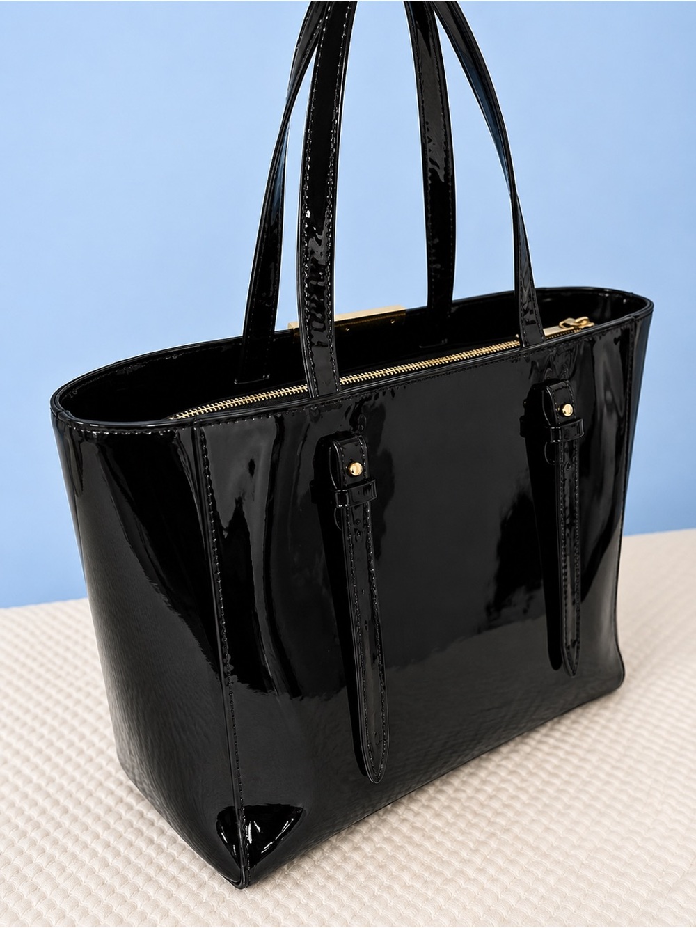 Tahari Black Patent Tote Large Shoulder Bag Work Office Career Chic Gold Tone - Picture 4 of 10